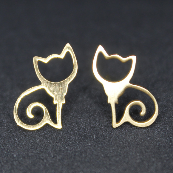 Goldtone Stylized Kitten Minimalist Earrings - Picture 1 of 4